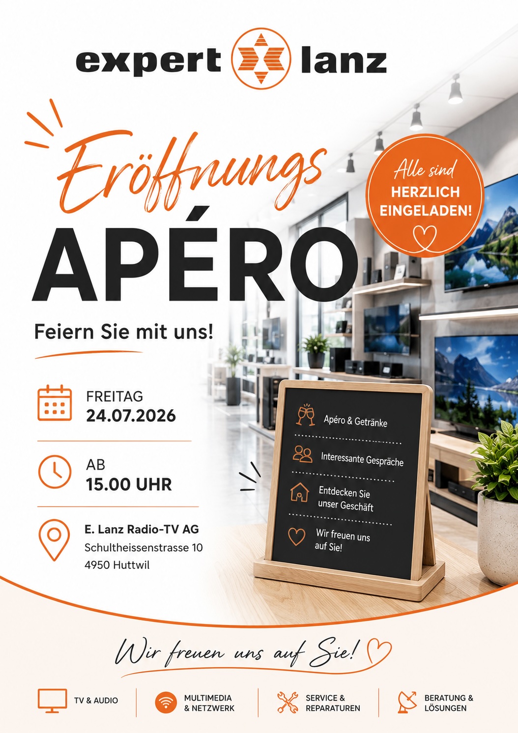 Flyer: Eröffnungs-Apéro bei Expert Lanz am 24. Juli 2026 ab 15 Uhr
