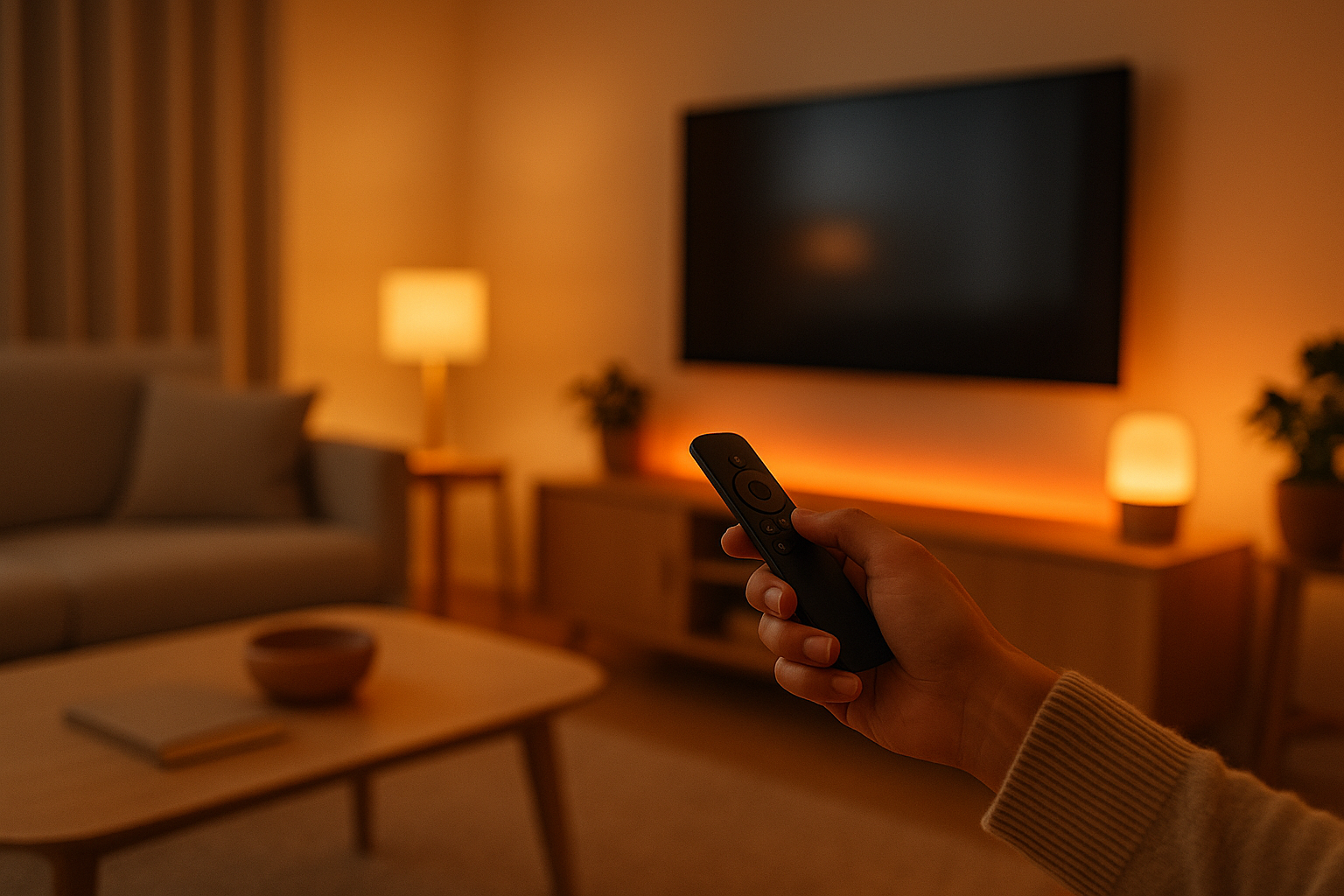 Gemütliches Wohnzimmer mit warmer, smarter Beleuchtung und Fernbedienung